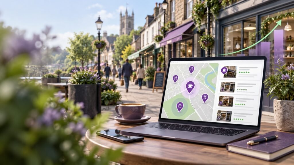 Laptop showing local search results and map listings on a UK high street.